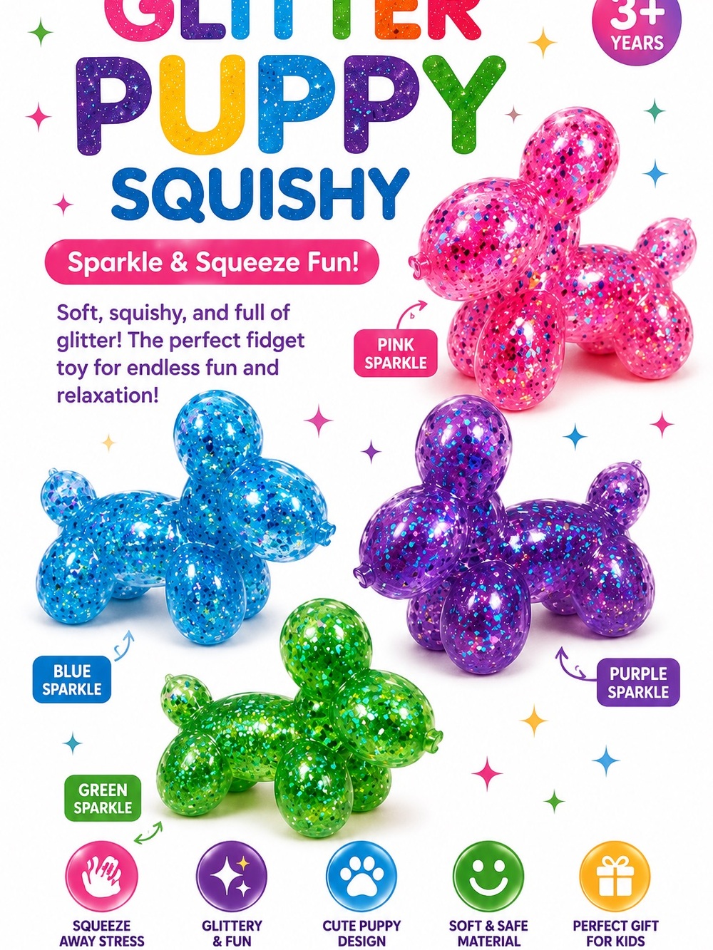 Glitter Puppy Squishy - Pink Sparkle Plush Fidget Toy